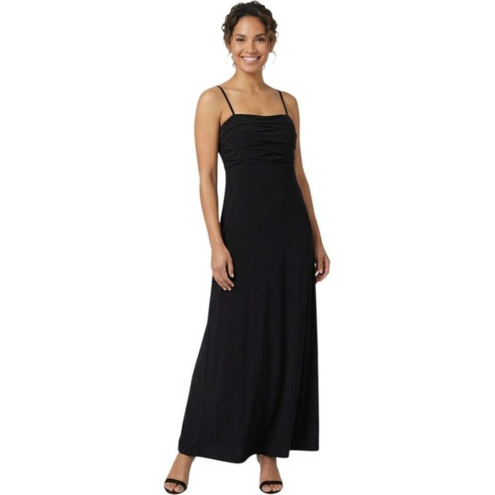 R&K Originals Black Tiered Ruffle Ruched Maxi Dress Sz 10 Spaghetti Strap